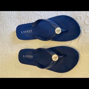 Blue with white detailing flip flops size 9